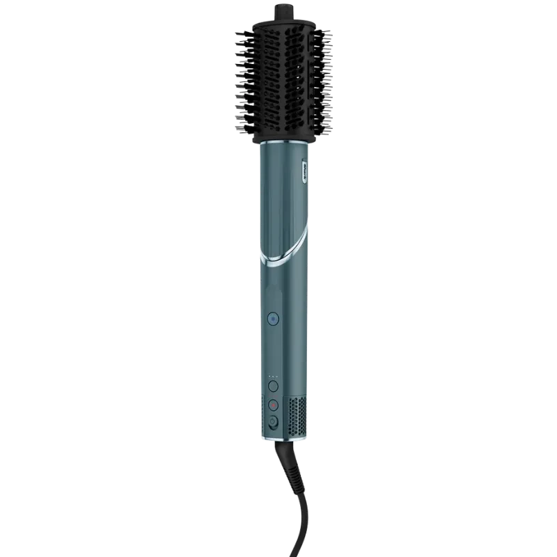 Cepillo térmico cilíndrico en color ottanio con cerdas negras, mango ergonómico FlexStyle, controles frontales y cable giratorio para peinar y dar volumen