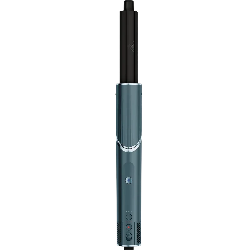 Cuerpo cilíndrico en color ottanio con acabado metálico, tubo negro superior, botón central azul y controles inferiores rojos; diseño estilizado 5 en 1