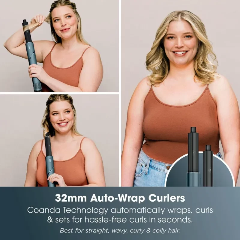 Rizador automático de 32 mm en color ottanio con tecnología Coanda, barril intercambiable y puntas frías; crea rizos rápidos y definidos en segundos