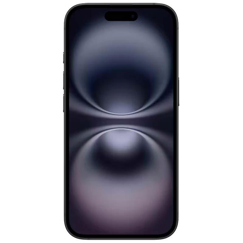 Écran OLED bord à bord noir, bordures fines, caméra frontale dans l’encoche en pilule; façade lisse et brillante du iPhone 16 5G 256Go noir rénové.