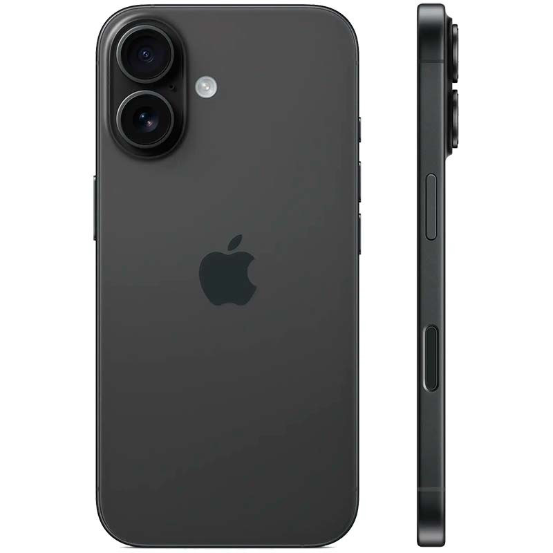 iPhone 16 noir rénové, 256 Go, double capteur arrière proéminent, flash LED, dos mat avec logo Apple, tranche latérale fine avec boutons discrets