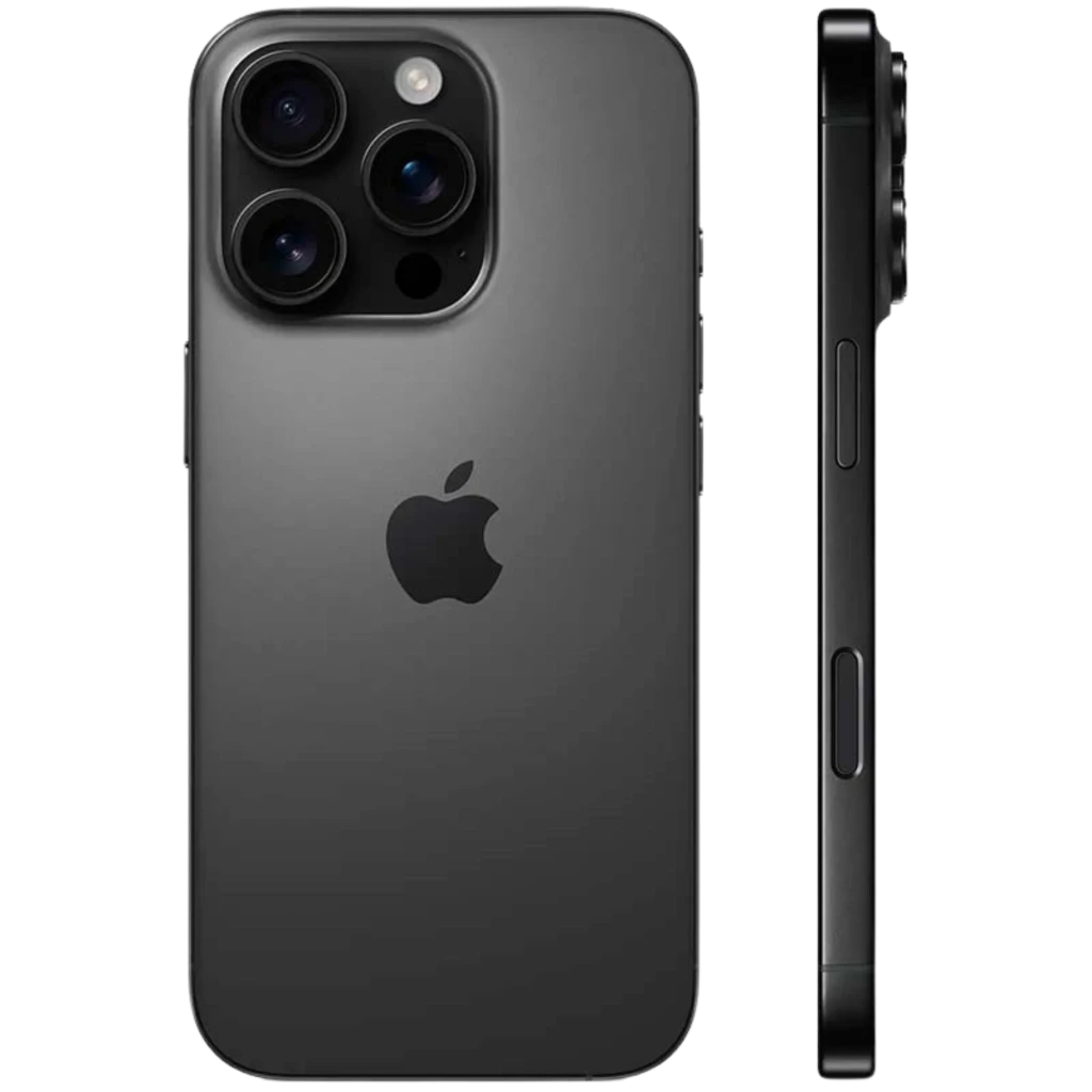 iPhone 16 Pro 5G 512GB titanio negro renovado, estado excelente; triple cámara trasera grande, acabado mate premium y bordes planos con botones laterales