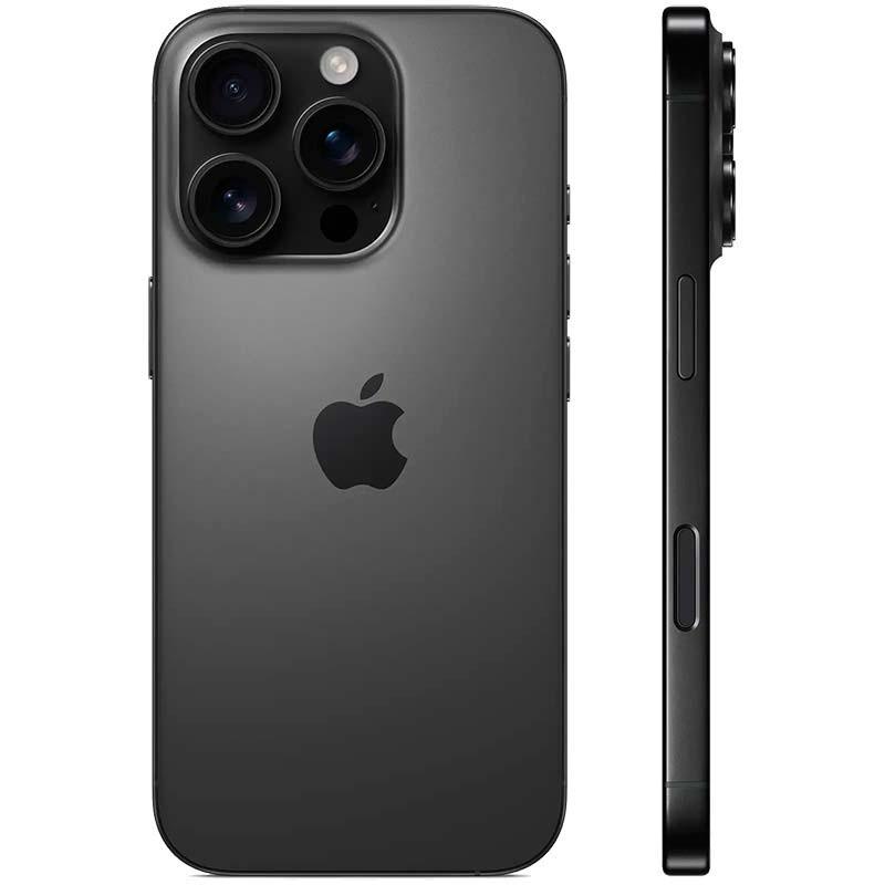 iPhone 16 Pro 5G, 512GB, titanio negro. Triple cámara trasera, bordes planos, botón lateral y perfil delgado. Renovado, estado excelente.