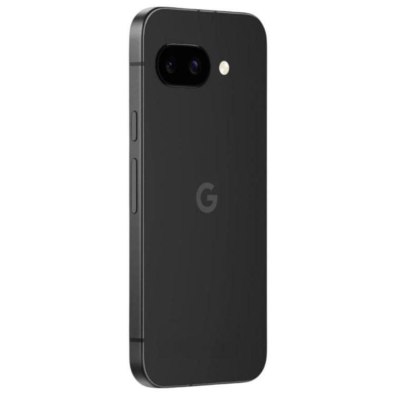 Google Pixel 9a 5G negro obsidiana renovado: trasera mate con logo “G”, cámara dual horizontal con flash, bordes rectos y botones laterales gris.