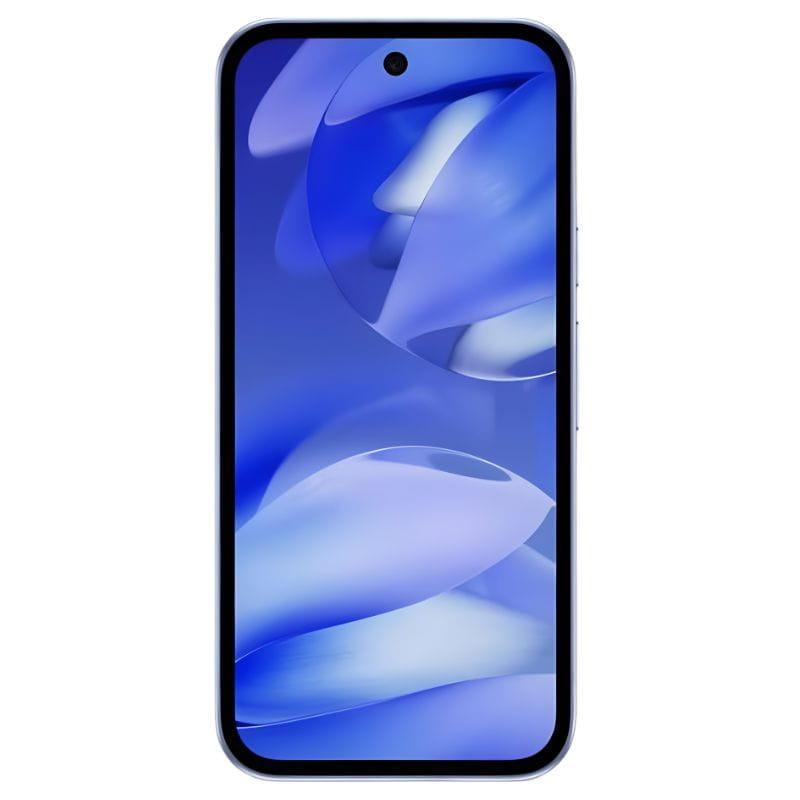 Pantalla del Google Pixel 9a 5G, marco fino, agujero central para cámara frontal, bordes redondeados y fondo azul; acabado Negro Obsidiana, renovado excelente.