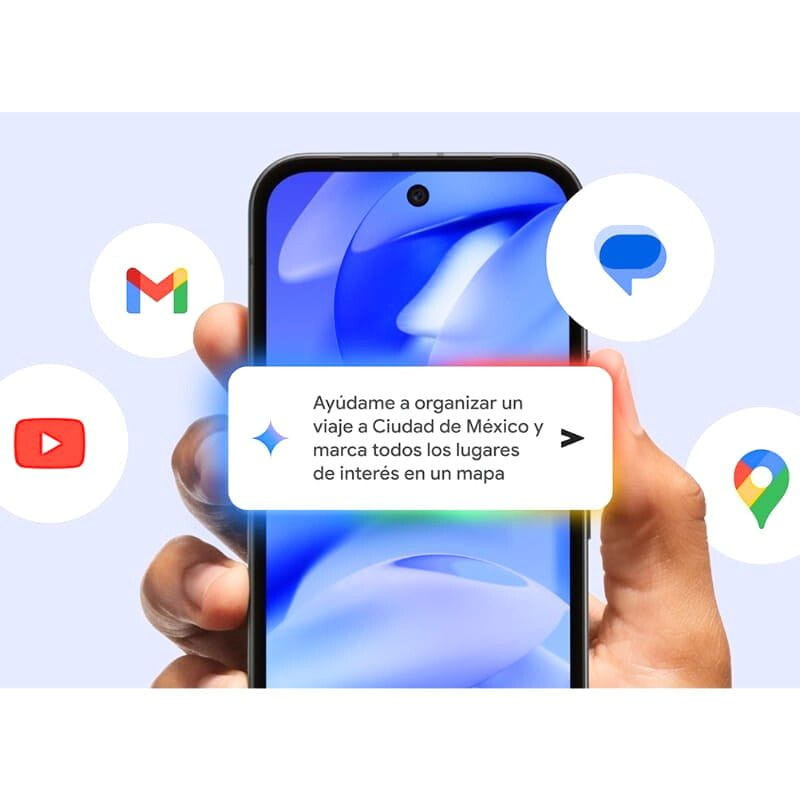 Google Pixel 9a 5G negro obsidiana, pantalla con orificio central y biseles finos; íconos de Google alrededor. Renovado, 8GB RAM, 128GB almacenamiento.