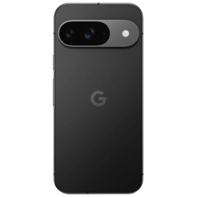 Traseira do Google Pixel 9 5G preto obsidiana, câmera dupla horizontal com flash, acabamento fosco e logo “G” central; bordas retas, condição excelente.