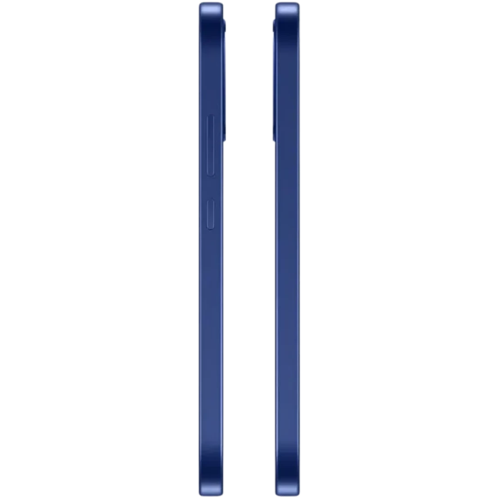 Bordes laterales del Oppo A6 Pro 5G azul con marco plano, botones de volumen y encendido visibles; diseño delgado y acabado metálico brillante