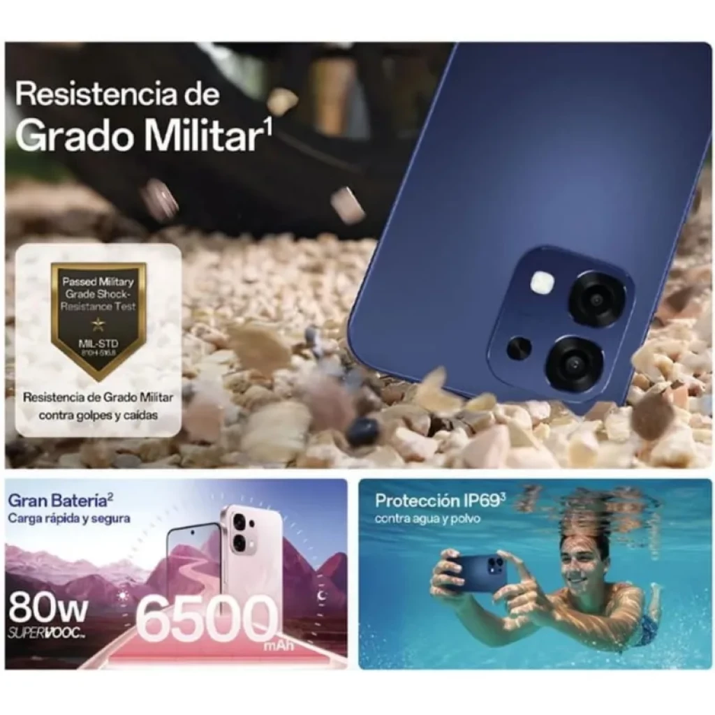 Oppo A6 Pro 5G 8GB/256GB Azul con triple cámara trasera, cuerpo azul mate, 80W SuperVOOC, batería 6500 mAh y protección IP69 para agua y polvo