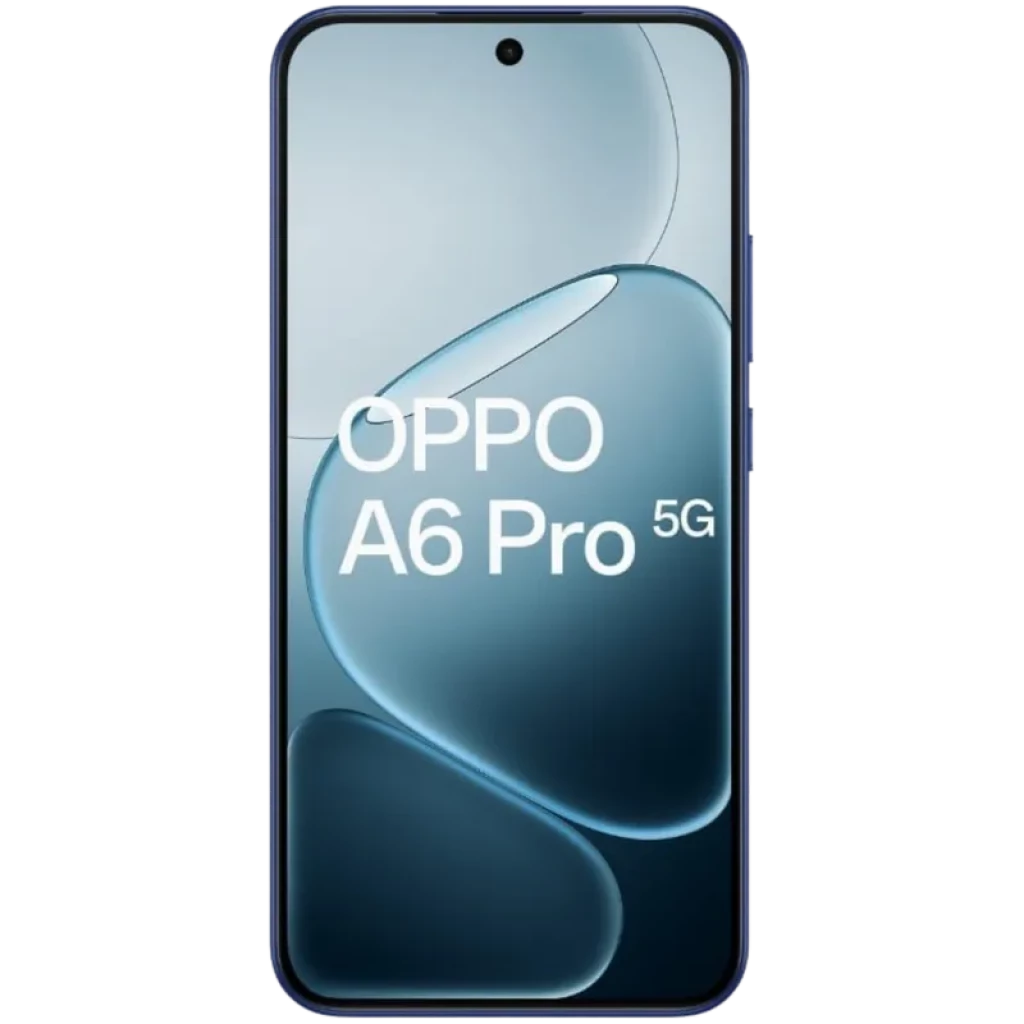 Oppo A6 Pro 5G 8GB/256GB Azul con pantalla frontal amplia, biseles delgados, perforación centrada para cámara y diseño elegante en tono azul brillante