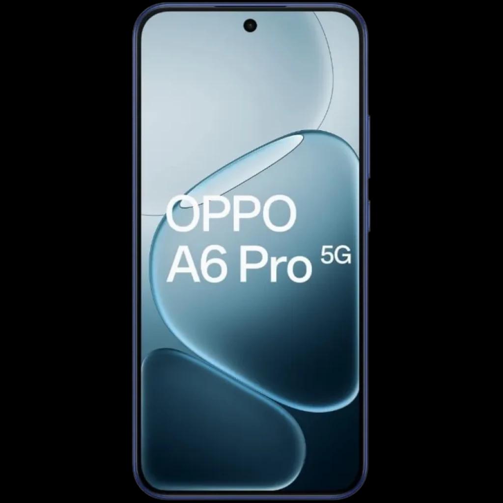Oppo A6 Pro 5G 8GB/256GB Azul con pantalla frontal amplia, biseles delgados, perforación centrada para cámara y diseño elegante en tono azul brillante