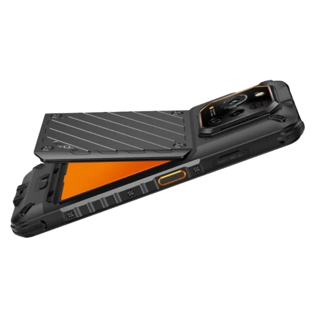 Ulefone Rugone Xever 7 Pro 5G preto robusto, corpo reforçado com bordas antiqueda, tela laranja vibrante, módulo de câmeras triplo e tampa protetora traseira