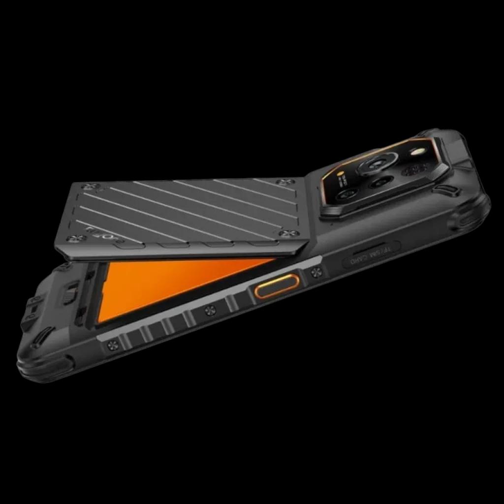 Ulefone Rugone Xever 7 Pro 5G preto robusto, corpo reforçado com bordas antiqueda, tela laranja vibrante, módulo de câmeras triplo e tampa protetora traseira
