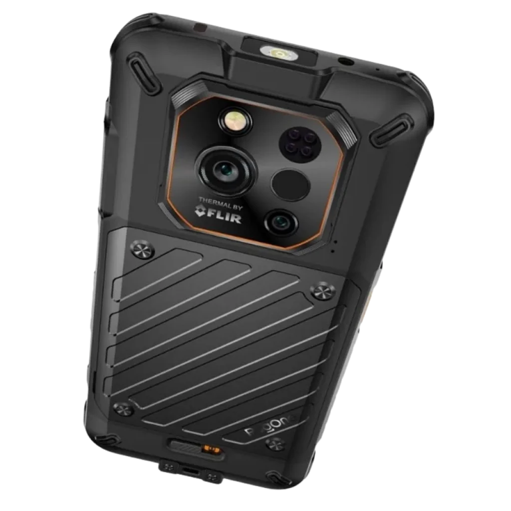 Ulefone Rugone Xever 7 Pro 5G preto robusto com traseira reforçada, módulo de câmera tripla com anel laranja, sensor FLIR térmico e parafusos expostos