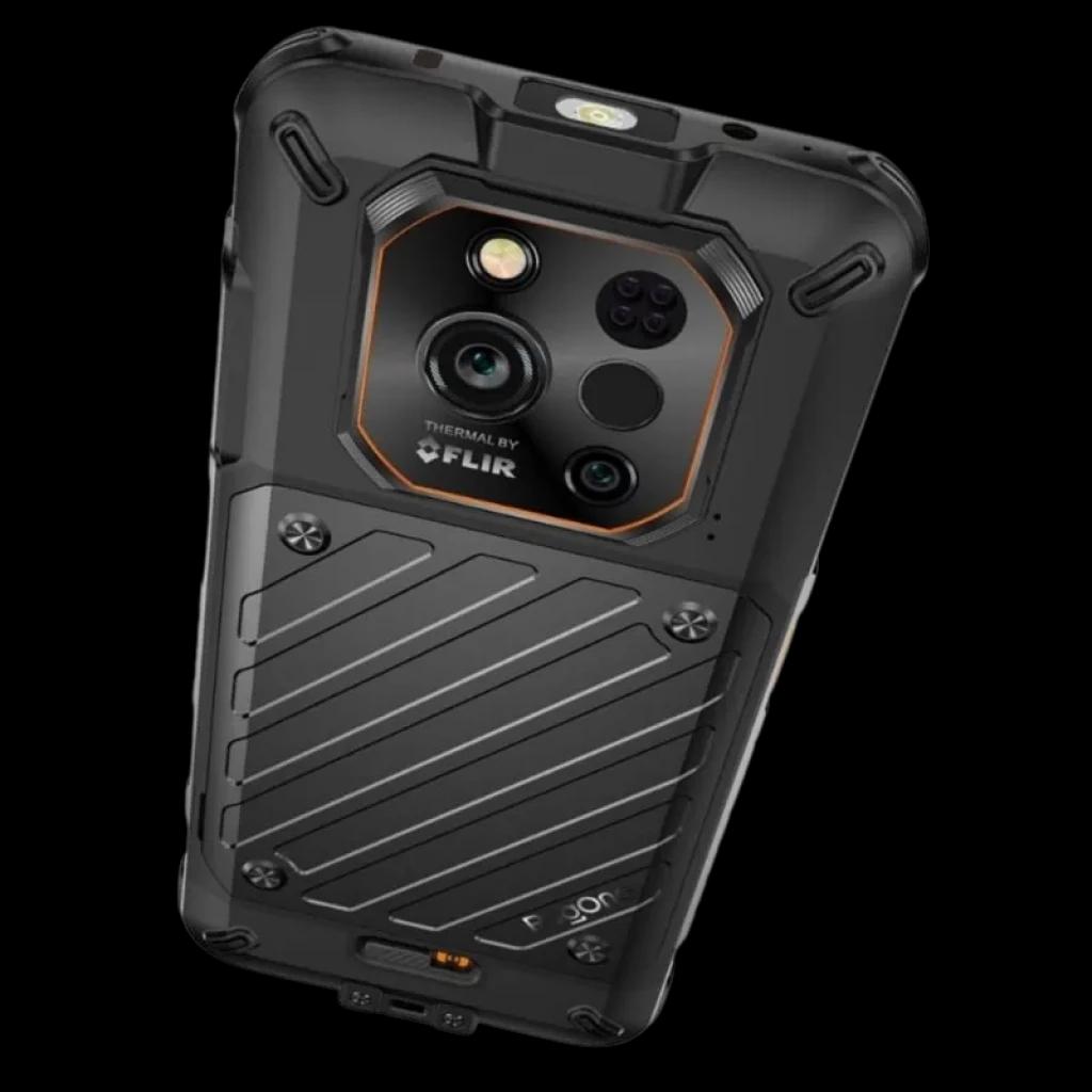 Ulefone Rugone Xever 7 Pro 5G preto robusto com traseira reforçada, módulo de câmera tripla com anel laranja, sensor FLIR térmico e parafusos expostos