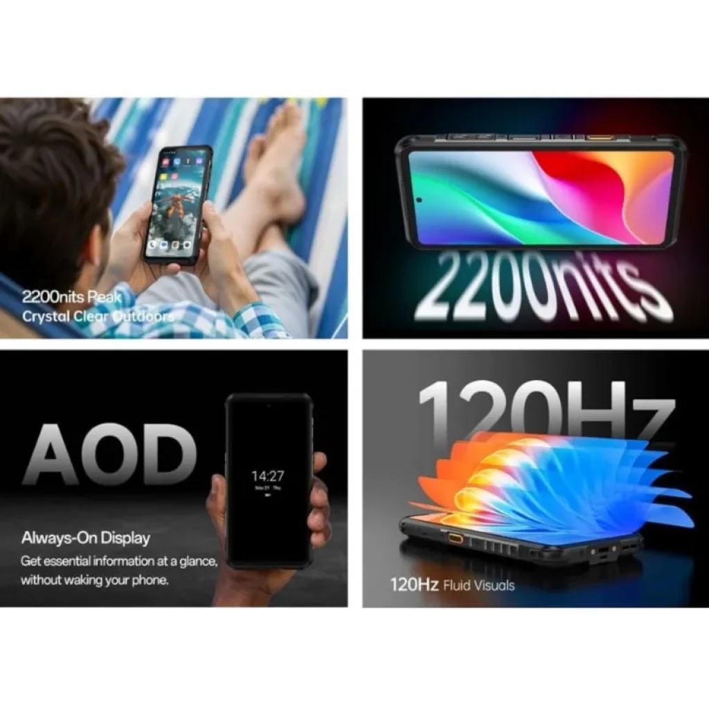 Ulefone Rugone Xever 7 Pro 5G preto robusto com tela 120Hz, brilho 2200 nits, AOD e vidro resistente; visual fluido e cores vibrantes