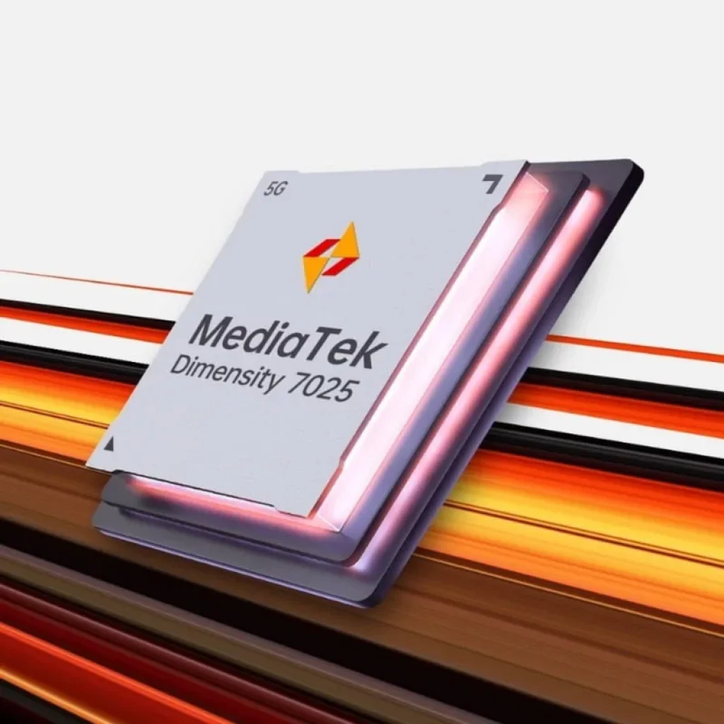 Chip MediaTek Dimensity 7025 5G com design metálico prateado e bordas iluminadas em rosa, destaque para velocidade e desempenho robusto