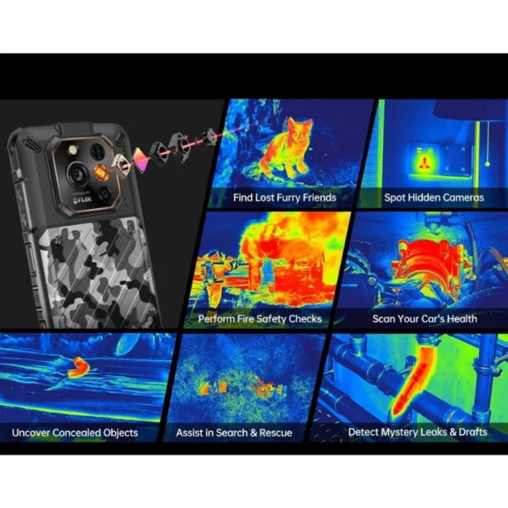 Ulefone Rugone Xever 7 Pro 5G preto robusto com câmera térmica FLIR, módulo traseiro triplo, corpo reforçado camuflado e recursos para inspeção e resgate