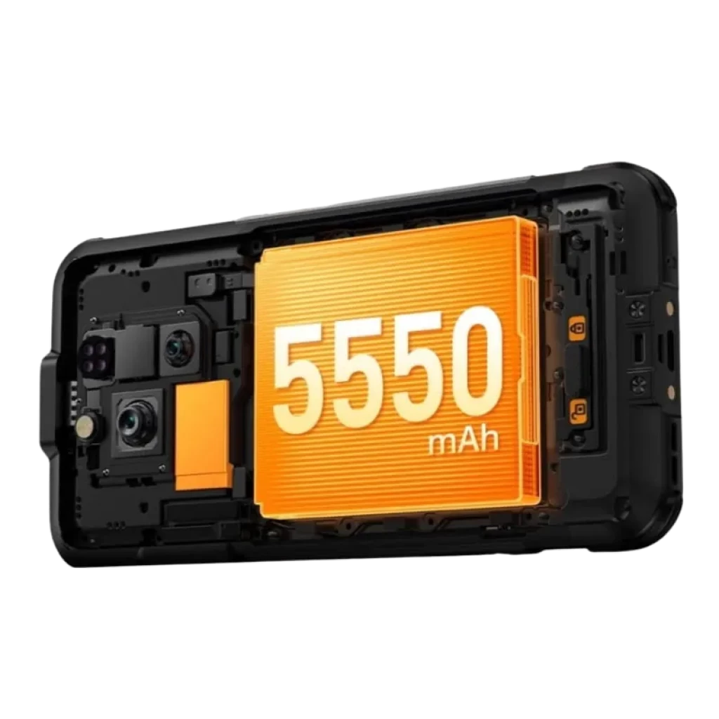 Ulefone Rugone Xever 7 Pro 5G Preto robusto com módulo interno exposto e bateria 5550 mAh em destaque, construção reforçada e câmeras traseiras múltiplas