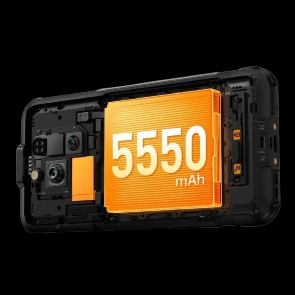 Ulefone Rugone Xever 7 Pro 5G Preto robusto com módulo interno exposto e bateria 5550 mAh em destaque, construção reforçada e câmeras traseiras múltiplas