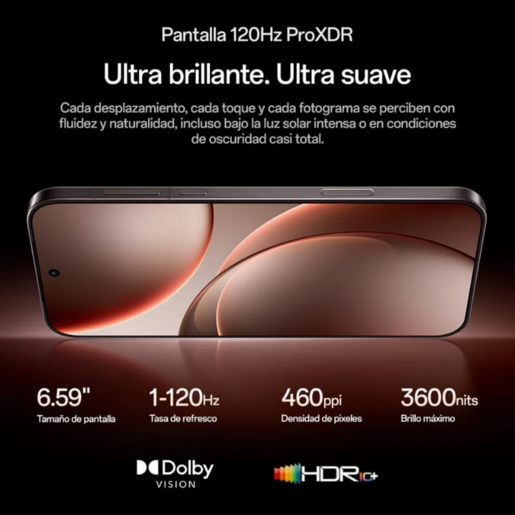 Oppo Find X9 5G negro con pantalla 6.59 pulgadas ProXDR 120Hz, biseles finos, brillo 3600 nits, 460 ppi, compatible con Dolby Vision y HDR10+