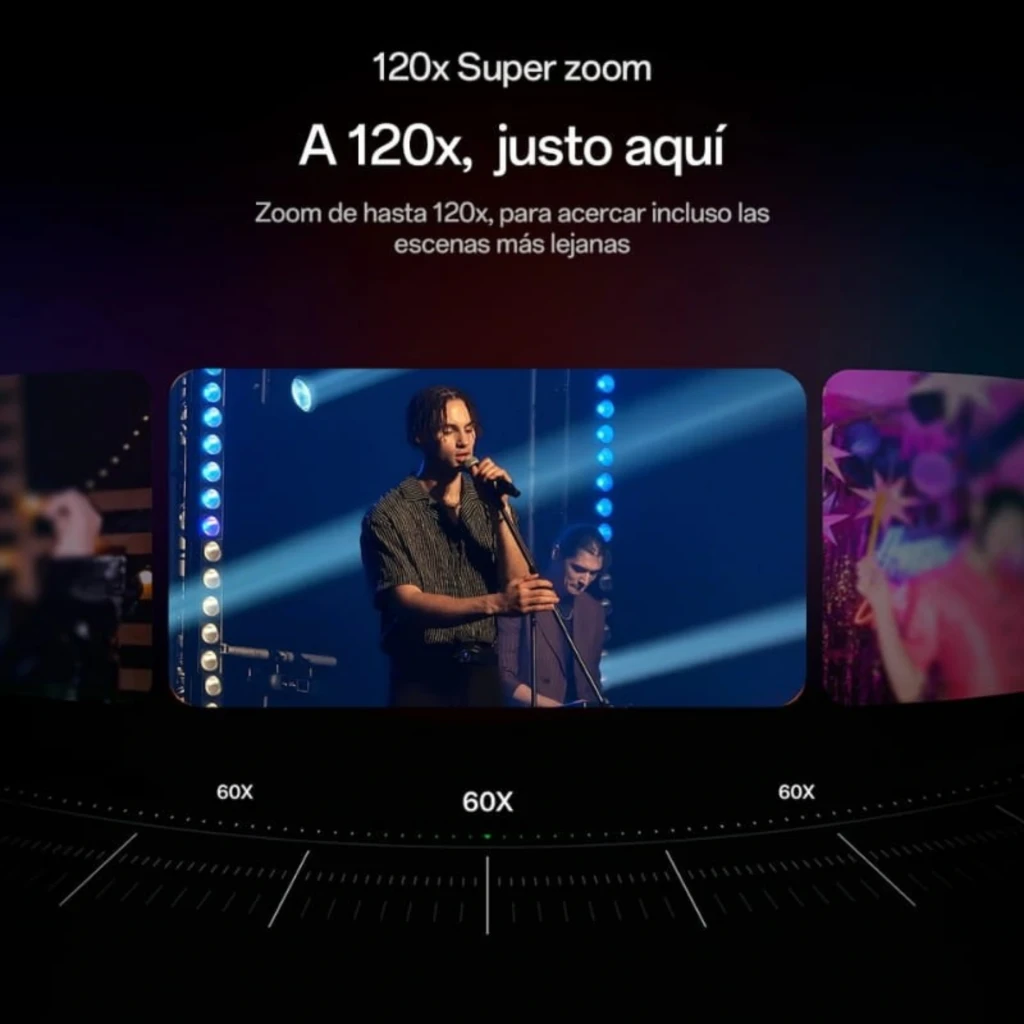 Oppo Find X9 5G 12GB/512GB Negro mostrando cámara con super zoom 120x; interfaz destaca niveles de acercamiento 60x y 120x para capturar escenas lejanas