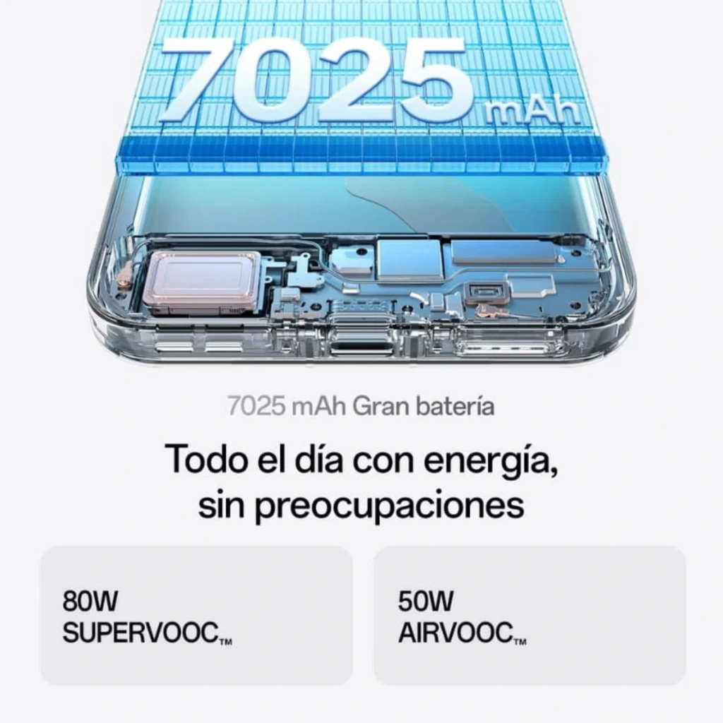 Batería 7025 mAh del Oppo Find X9 5G 12GB/512GB Negro, con carga 80W SUPERVOOC y 50W AIRVOOC, vista del interior transparente y componentes visibles
