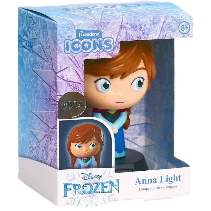 Lampe Paladone Icon Anna Frozen: figurine LED d’Anna avec robe bleue et cape violette, visage chibi aux taches de rousseur, socle noir, idéale déco enfants.