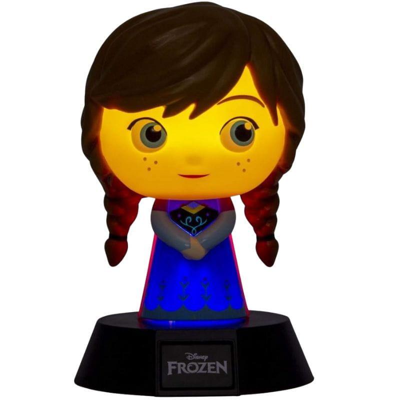 Lampe Paladone Icon Anna Frozen: mini-lampe LED d’Anna, visage lumineux jaune, tresses rousses, robe bleue et cape, socle noir Disney Frozen.