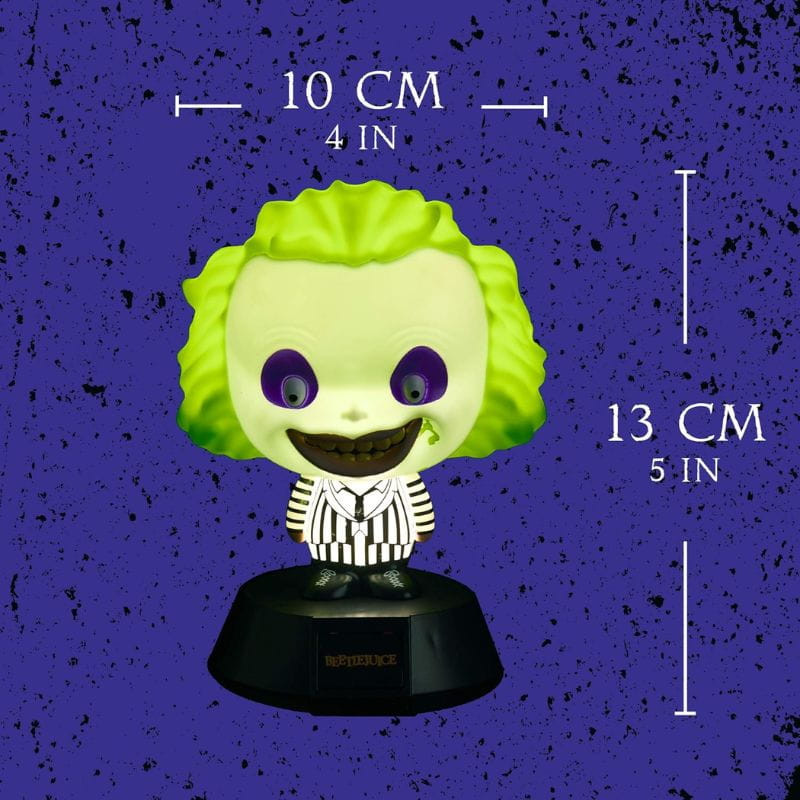 Lámpara Paladone Icon Beetlejuice: figura chibi con cabeza verde neón, ojos morados y traje a rayas, base negra; 13 cm de alto x 10 cm de ancho.