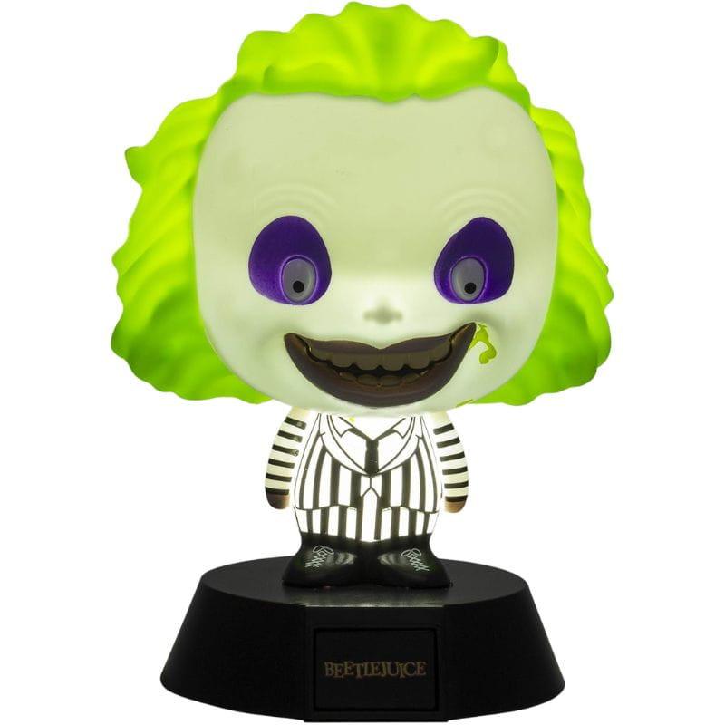 Lámpara Paladone Icon Beetlejuice: figura chibi luminosa con cabello verde neón, cara pálida y traje a rayas, sobre base negra con logo Beetlejuice.