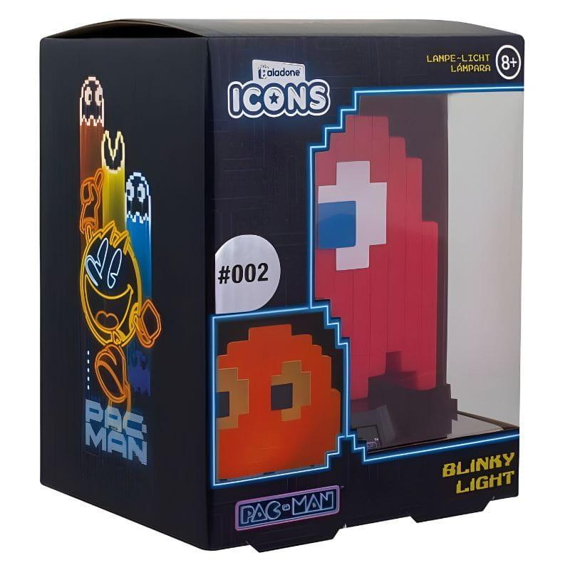 Lámpara Paladone Icon Blinky Pac-Man: figura pixelada roja con ojos blancos sobre base negra, estilo retro arcade, ideal para decorar y ambientar gaming.