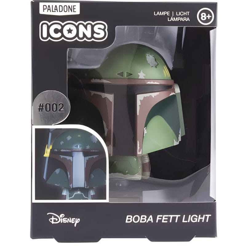 Lampe Paladone Icon Boba Fett: mini lampe LED en forme de casque vert et bordeaux, détails battle-damaged, sous licence Disney, idéale déco geek.