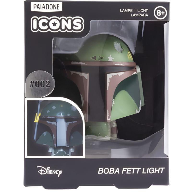 Lampe Paladone Icon Boba Fett: mini lampe LED en forme de casque vert et bordeaux, détails battle-damaged, sous licence Disney, idéale déco geek.