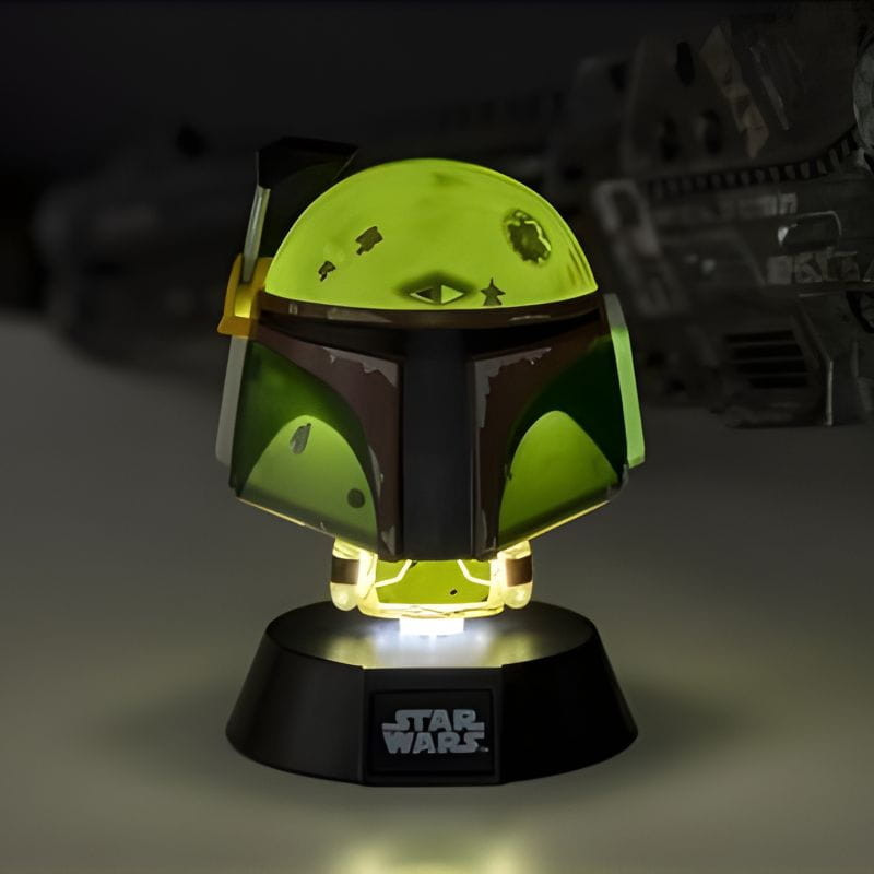 Lampe Paladone Icon Boba Fett: mini buste lumineux vert avec casque mandalorien usé, socle noir Star Wars, éclairage d’ambiance geek.