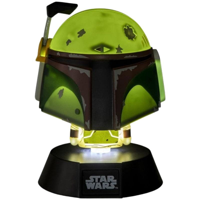 Lampe Paladone Icon Boba Fett: casque vert et brun lumineux, détails de bataille, base noire Star Wars, éclairage d’ambiance geek pour bureau ou étagère.