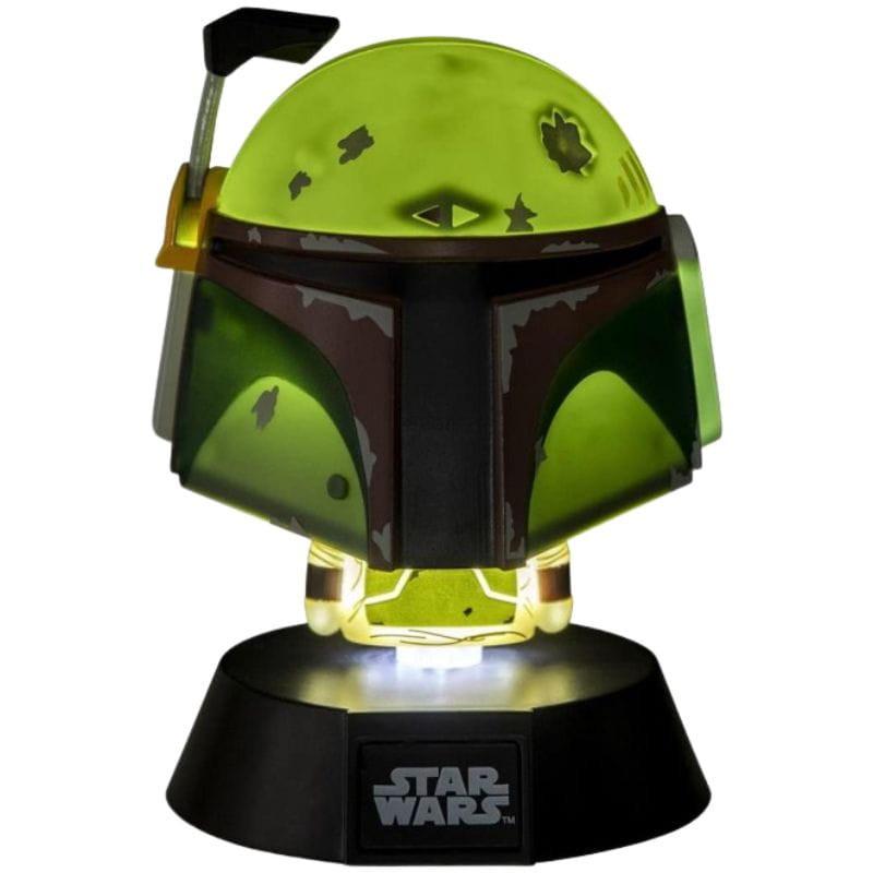 Lampe Paladone Icon Boba Fett: casque vert et brun lumineux, détails de bataille, base noire Star Wars, éclairage d’ambiance geek pour bureau ou étagère.