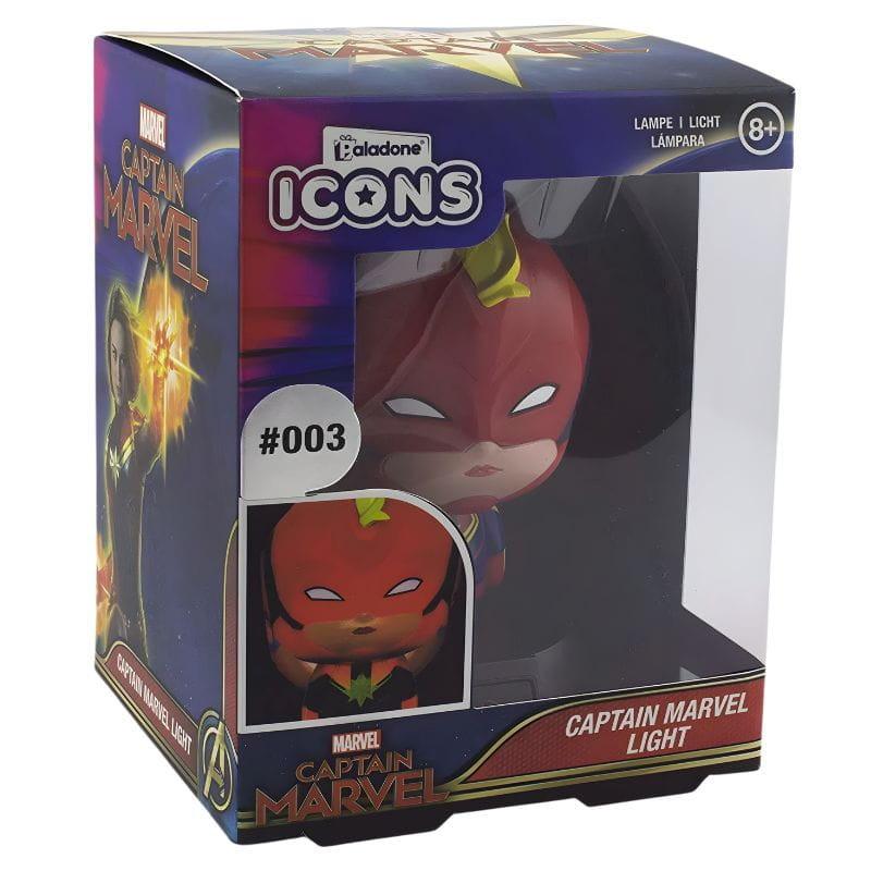 Lámpara Paladone Icon Captain Marvel: mini luz coleccionable con casco rojo y cresta amarilla, estilo chibi, ideal para escritorio o mesa de noche.