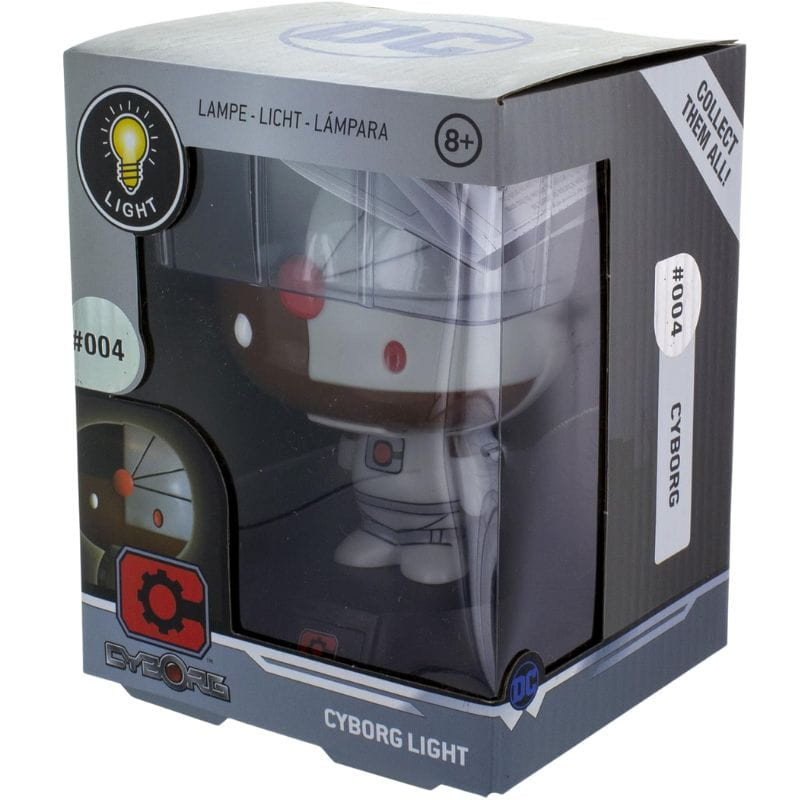 Lámpara Icon Paladone Cyborg 3D: mini luz de mesa estilo chibi, carcasa gris con ojo rojo brillante, ideal para escritorio, coleccionable DC, para +8 años.