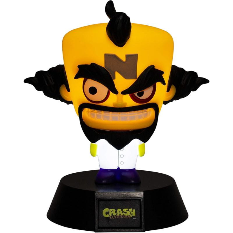 Lámpara Paladone Icon Doctor Neo Cortex: figura luminosa amarilla con cabeza cuadriculada, cejas negras gruesas, sonrisa malvada y base negra “Crash”.