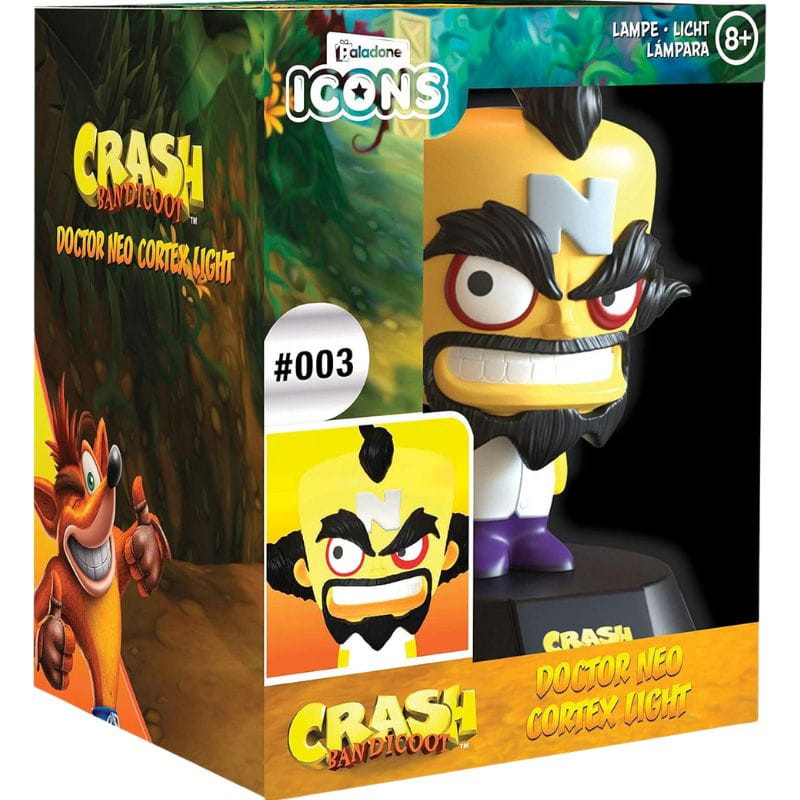 Lámpara Paladone Icon Doctor Neo Cortex: mini luz de mesa con figura de Neo Cortex, cabeza amarilla con “N”, cejas gruesas y base negra. Ideal gamer.