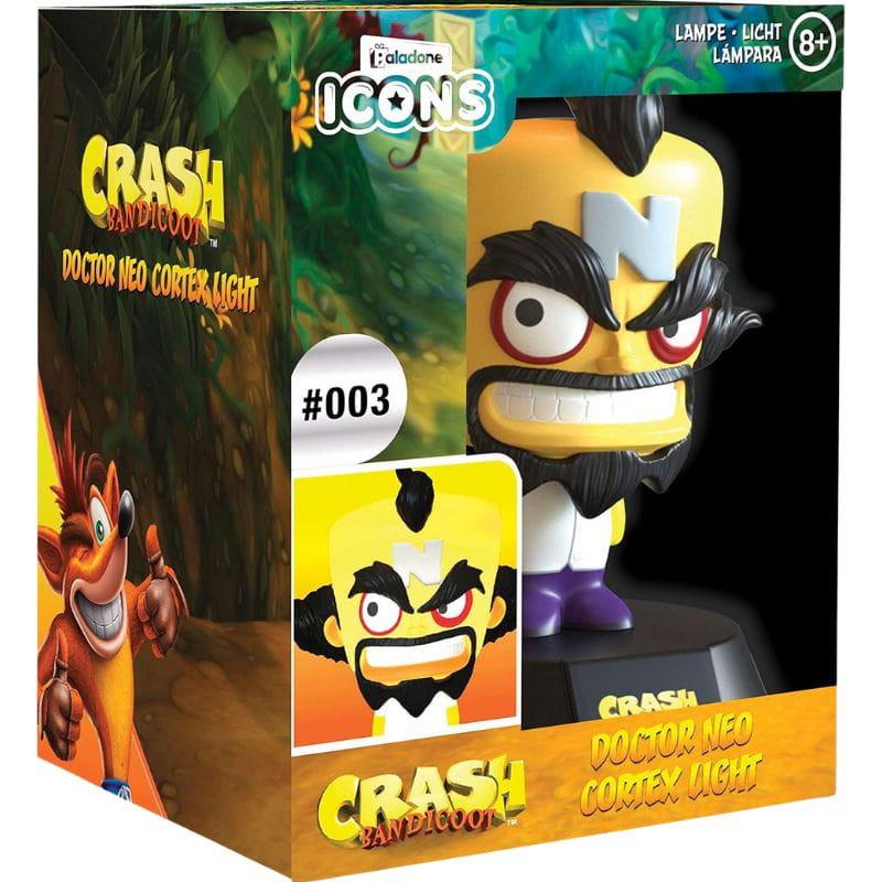 Lámpara Paladone Icon Doctor Neo Cortex: mini luz de mesa con figura de Neo Cortex, cabeza amarilla con “N”, cejas gruesas y base negra. Ideal gamer.