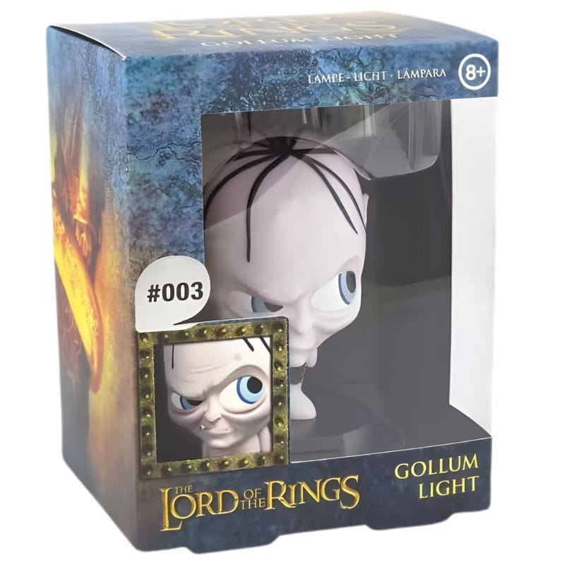Mini lámpara Paladone Icon de Gollum: figura chibi con gran cabeza, ojos azules, piel pálida y base negra con logo The Lord of the Rings iluminable.