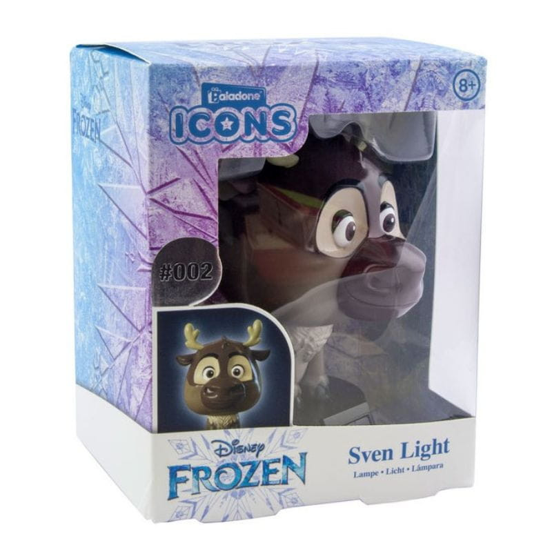 Lámpara Paladone Icon Sven Frozen: figura de Sven con cuernos y ojos grandes, luz LED suave en base negra con logo Disney Frozen. Ideal para escritorio.