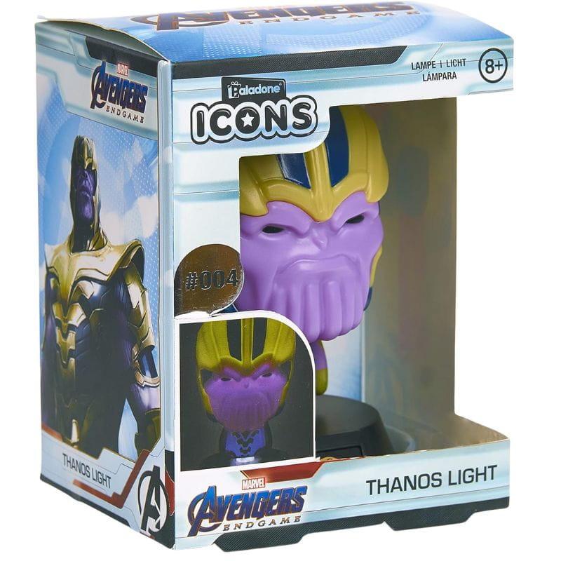 Lámpara Paladone Icon Thanos: mini busto de Thanos con casco dorado y rostro púrpura, luz ambiental LED, diseño Avengers Endgame, ideal para escritorio.