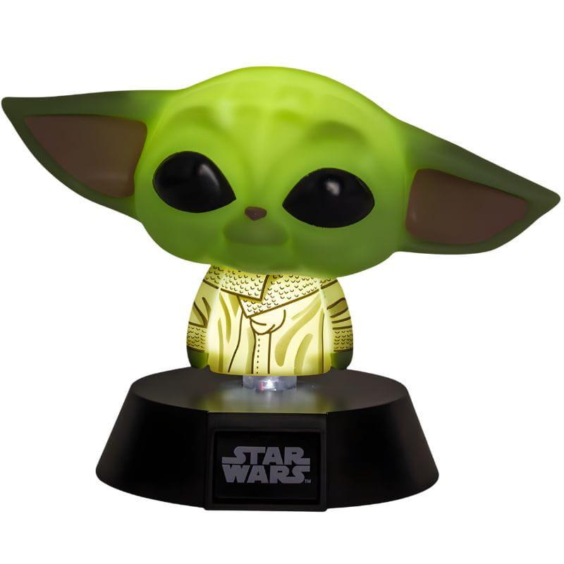 Lámpara Paladone Icon Baby Yoda: luz LED verde, figura chibi con orejas grandes sobre base negra Star Wars; ideal decorativa y nocturna.