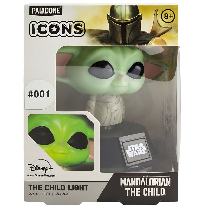 Lámpara Paladone Icon Baby Yoda: luz LED de Grogu en mini figura, base con logo Star Wars, diseño coleccionable, ideal para escritorio o mesa.