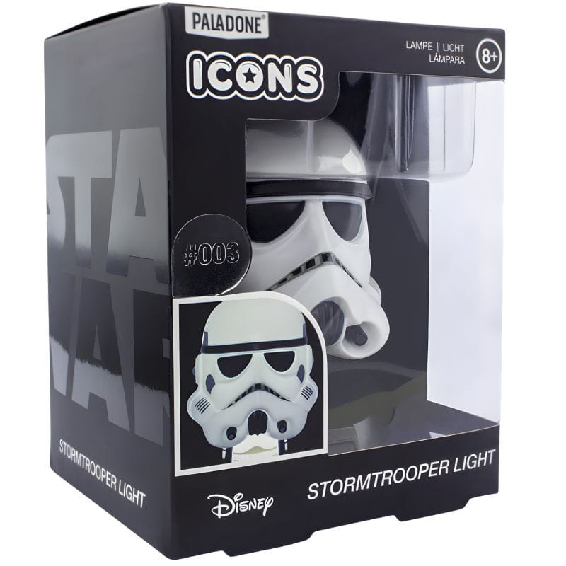 Lámpara Paladone Icon Stormtrooper: busto luminoso blanco con visor negro, base negra con logo Star Wars, luz LED fría ideal para escritorio o estantería.