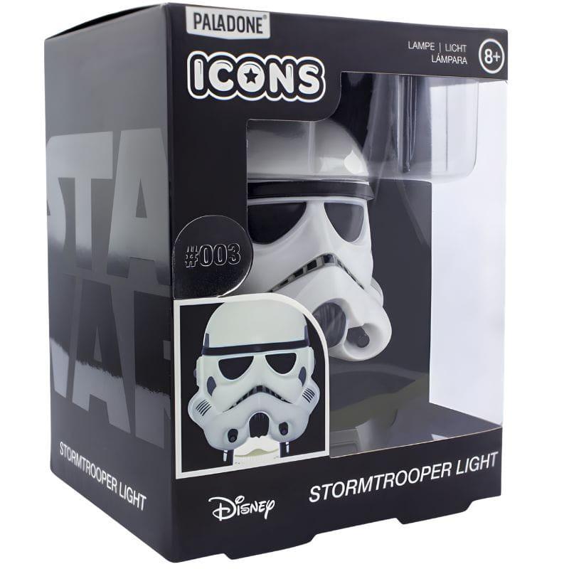 Lámpara Paladone Icon Stormtrooper: busto luminoso blanco con visor negro, base negra con logo Star Wars, luz LED fría ideal para escritorio o estantería.