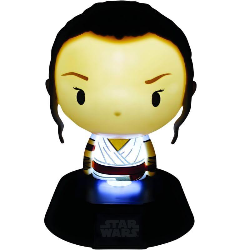 Lámpara Paladone Icon Rey Star Wars: mini figura de Rey con luz LED blanca, base negra con logo, estilo chibi, ideal para escritorio o estantería.